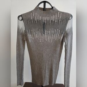 Top Secret Rib-Knit High-Neck Sweater with Sheer Mesh Illusion Yoke